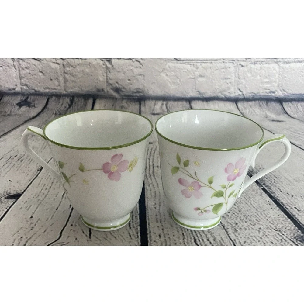 Noritake First Blush Tea Cup Saucer Set Of 4Pink & White Flower Green Trim #2605